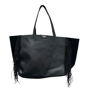 Victoria's Secret Black Faux Leather Fringe Oversize Tote Shoulder Handbag Purse